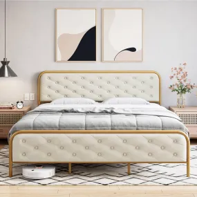 GARVEE Full Size Bed Frame with Elegant Button Tufted Curved Headboard, Velvet Upholstered Platform Bed Frame, Golden Heavy Duty Mattress Foundation, Noise Free, No Box Spring Needed, Gold-Beige