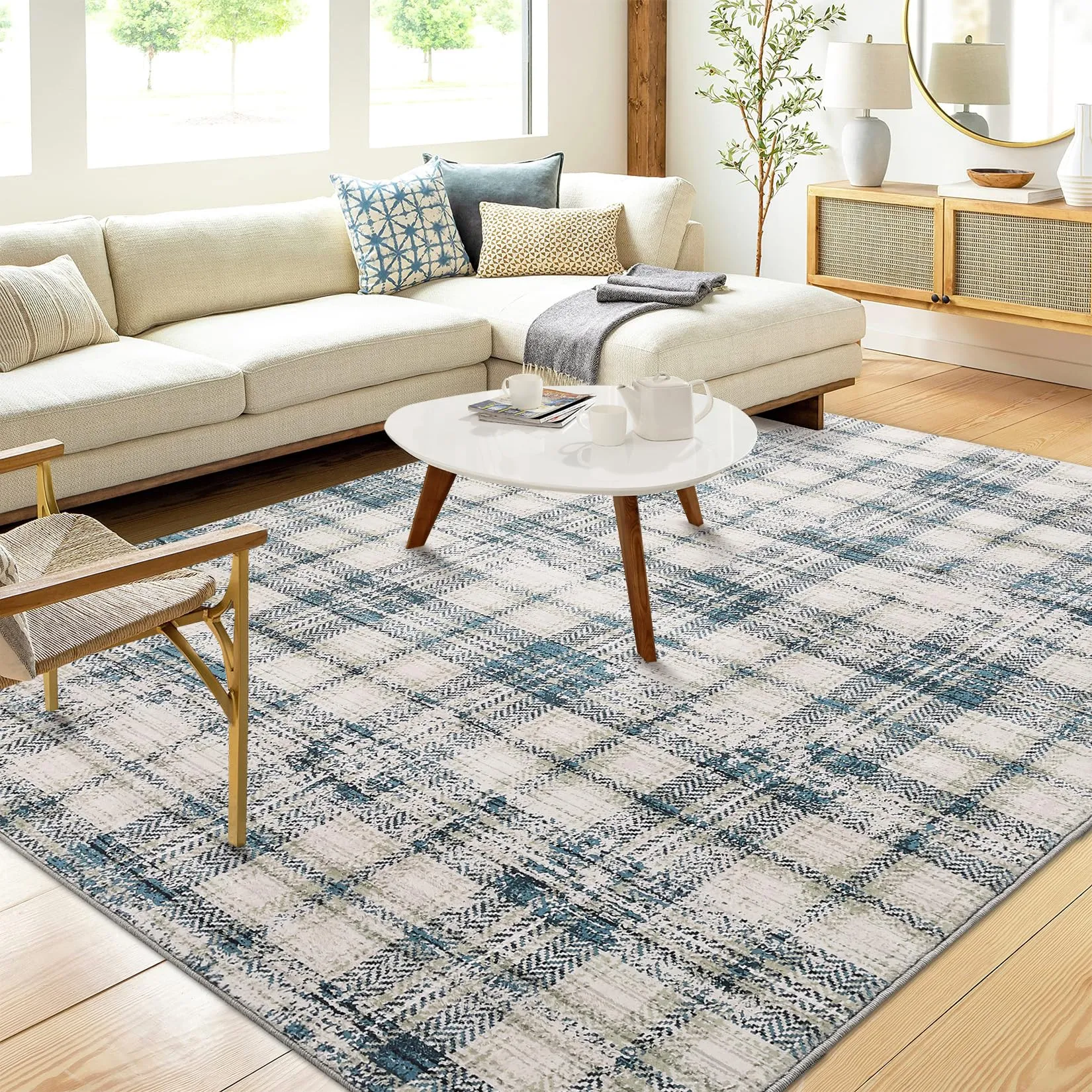 GARVEE Plaid Area Rugs 4x6 Rug for Living Room Washable Rugs Modern Rug Farmhouse Non Slip Throw Rugs Tartan Bedroom Rugs Soft Rug No Shedding Area Rugs for Entryway Office Rug Green/Beige 4'x6'