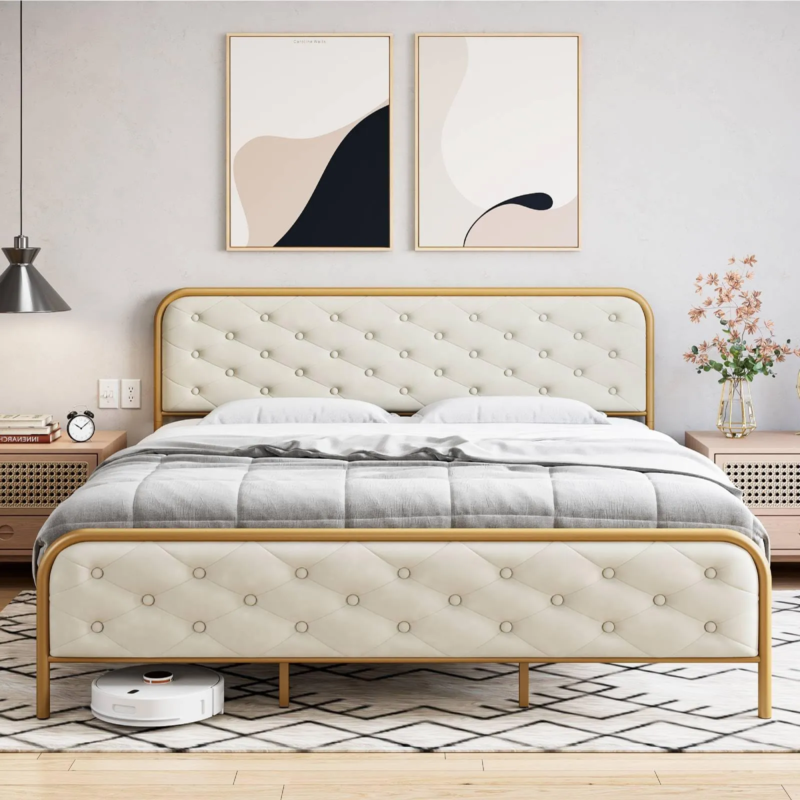 GARVEE Queen Size Bed Frame with Elegant Button Tufted Curved Headboard, Velvet Upholstered Platform Bed Frame, Golden Heavy Duty Mattress Foundation, Noise Free, No Box Spring Needed, Gold-Beige