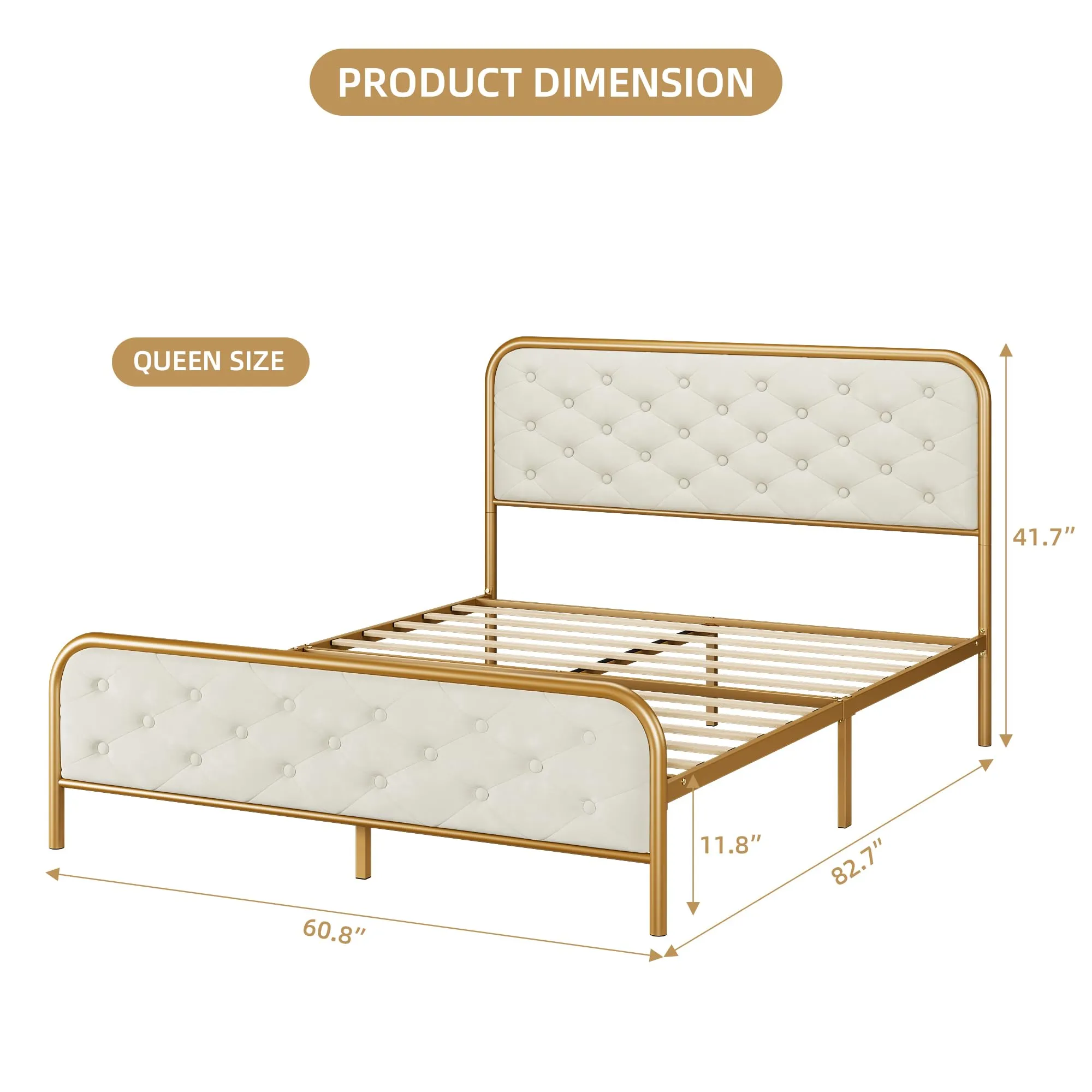 GARVEE Queen Size Bed Frame with Elegant Button Tufted Curved Headboard, Velvet Upholstered Platform Bed Frame, Golden Heavy Duty Mattress Foundation, Noise Free, No Box Spring Needed, Gold-Beige