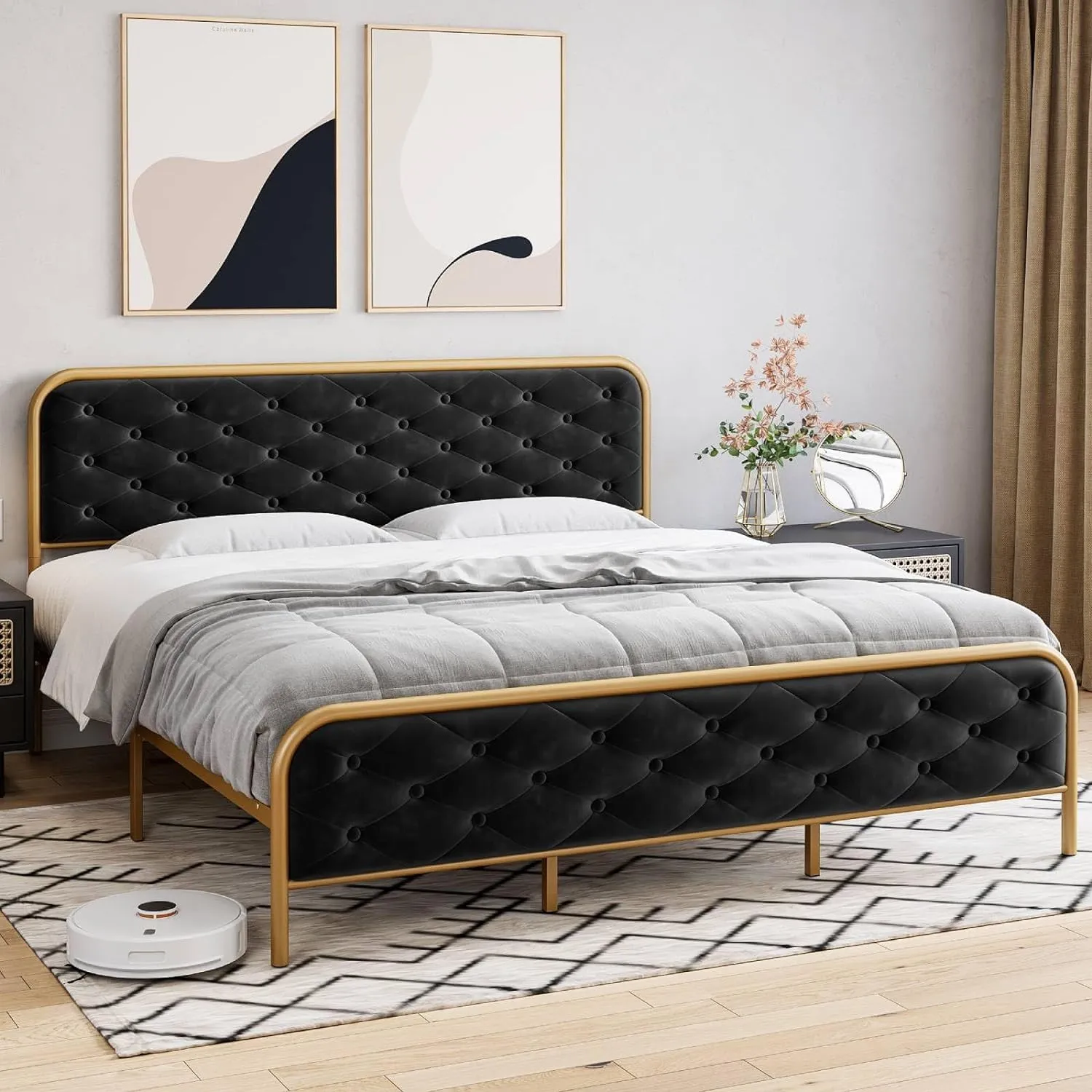 GARVEE Queen Size Bed Frame with Elegant Button Tufted Curved Headboard, Velvet Upholstered Platform Bed Frame, Golden Heavy Duty Mattress Foundation, Noise Free, No Box Spring Needed, Gold-Black