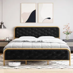 GARVEE Queen Size Bed Frame with Elegant Button Tufted Curved Headboard, Velvet Upholstered Platform Bed Frame, Golden Heavy Duty Mattress Foundation, Noise Free, No Box Spring Needed, Gold-Black