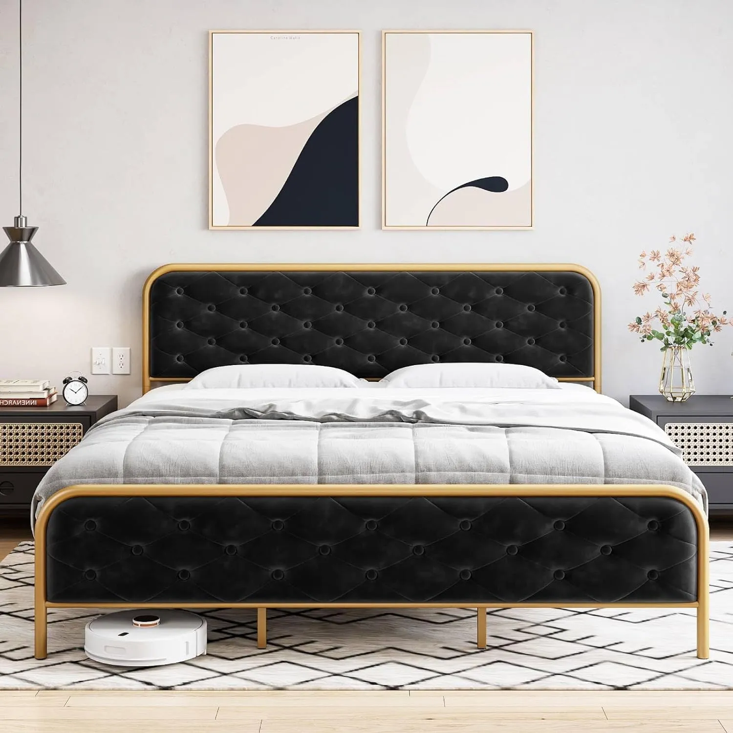 GARVEE Queen Size Bed Frame with Elegant Button Tufted Curved Headboard, Velvet Upholstered Platform Bed Frame, Golden Heavy Duty Mattress Foundation, Noise Free, No Box Spring Needed, Gold-Black