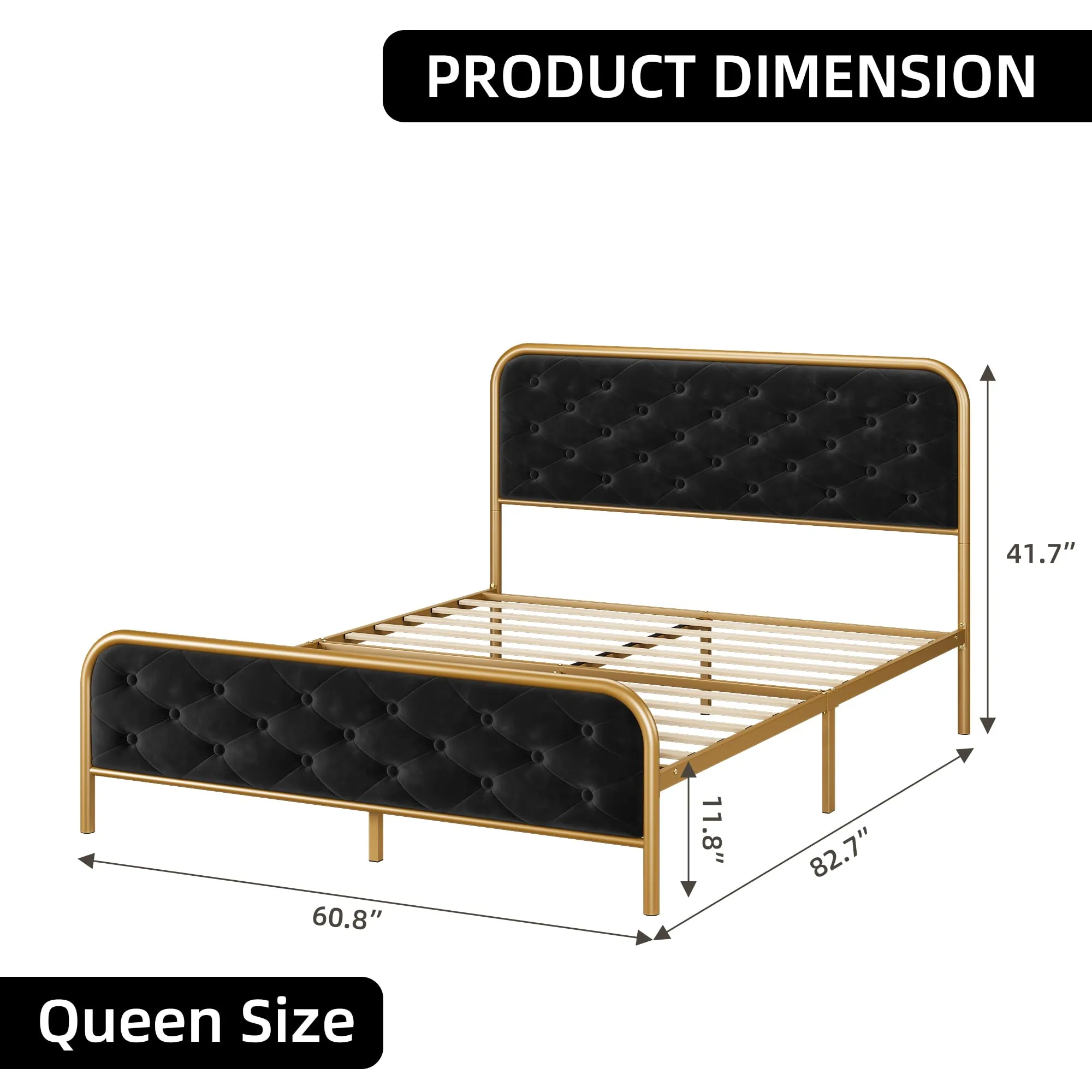 GARVEE Queen Size Bed Frame with Elegant Button Tufted Curved Headboard, Velvet Upholstered Platform Bed Frame, Golden Heavy Duty Mattress Foundation, Noise Free, No Box Spring Needed, Gold-Black