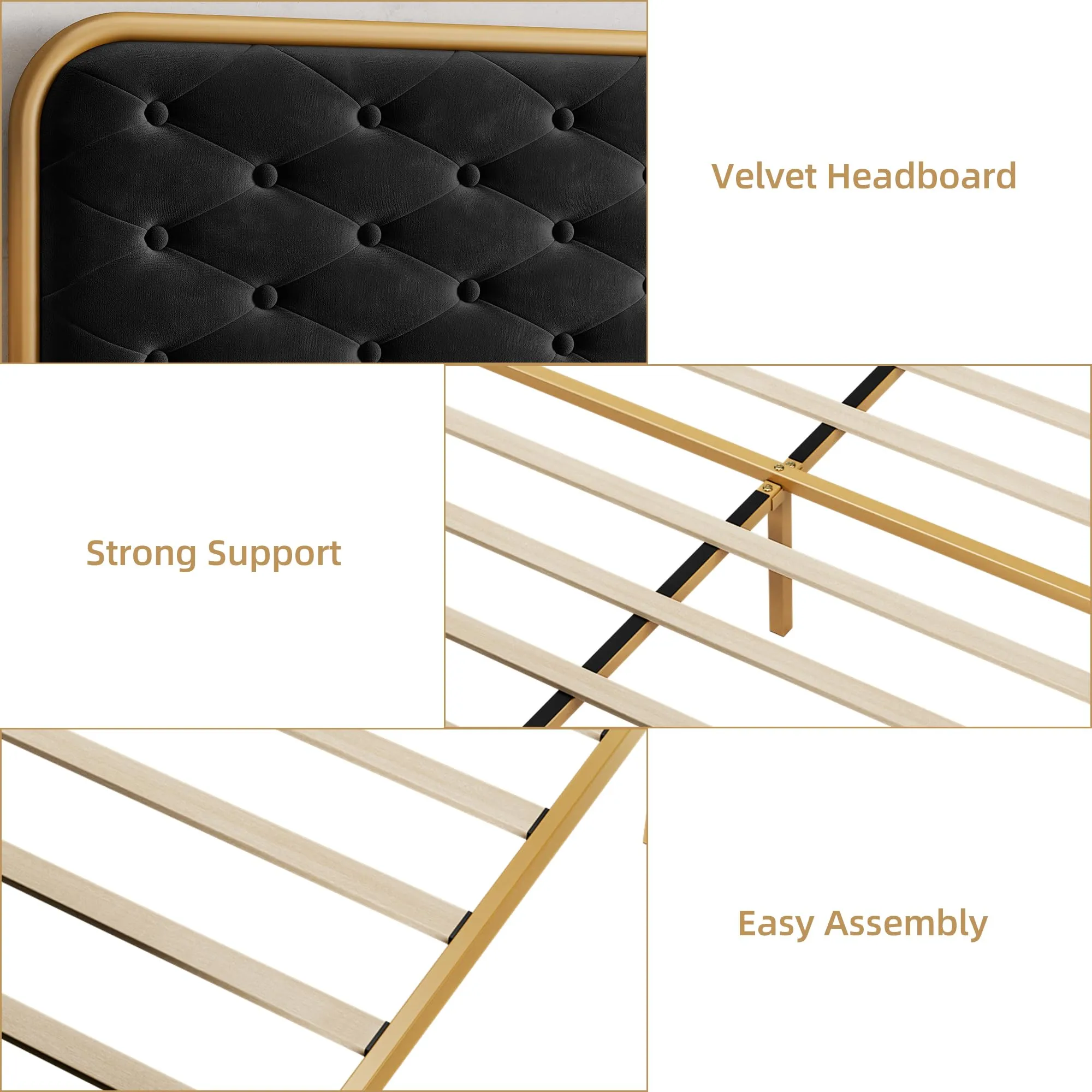 GARVEE Queen Size Bed Frame with Elegant Button Tufted Curved Headboard, Velvet Upholstered Platform Bed Frame, Golden Heavy Duty Mattress Foundation, Noise Free, No Box Spring Needed, Gold-Black