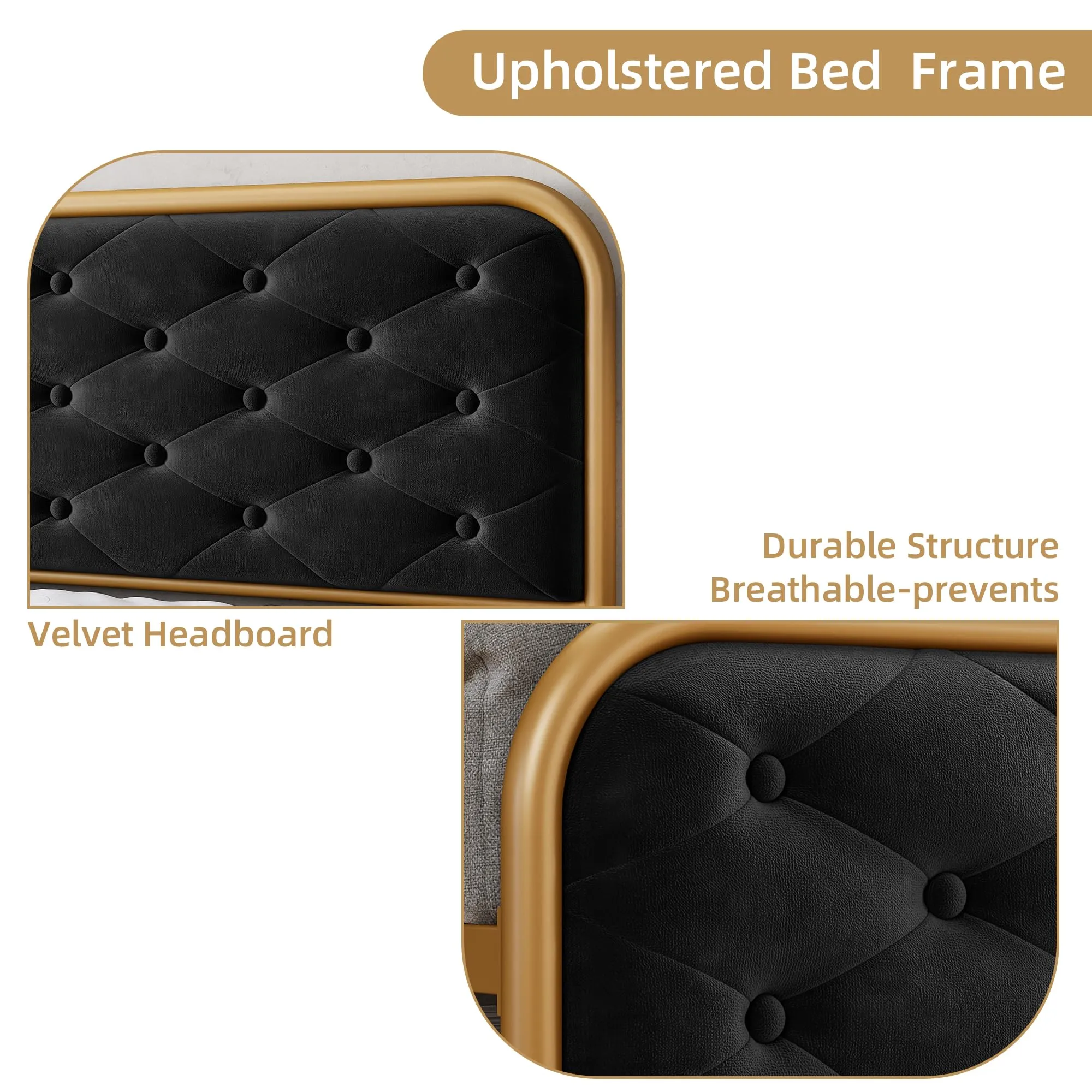 GARVEE Queen Size Bed Frame with Elegant Button Tufted Curved Headboard, Velvet Upholstered Platform Bed Frame, Golden Heavy Duty Mattress Foundation, Noise Free, No Box Spring Needed, Gold-Black