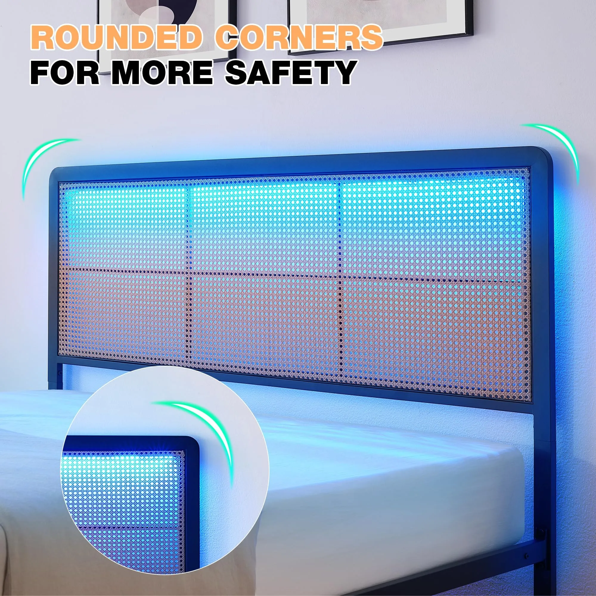 GARVEE Rattan Platform Bed Frame Full Size   Modern Style   LED Light   Heavy Duty Steel Slat   No Box Spring Needed   Boho Design   Easy Assembly