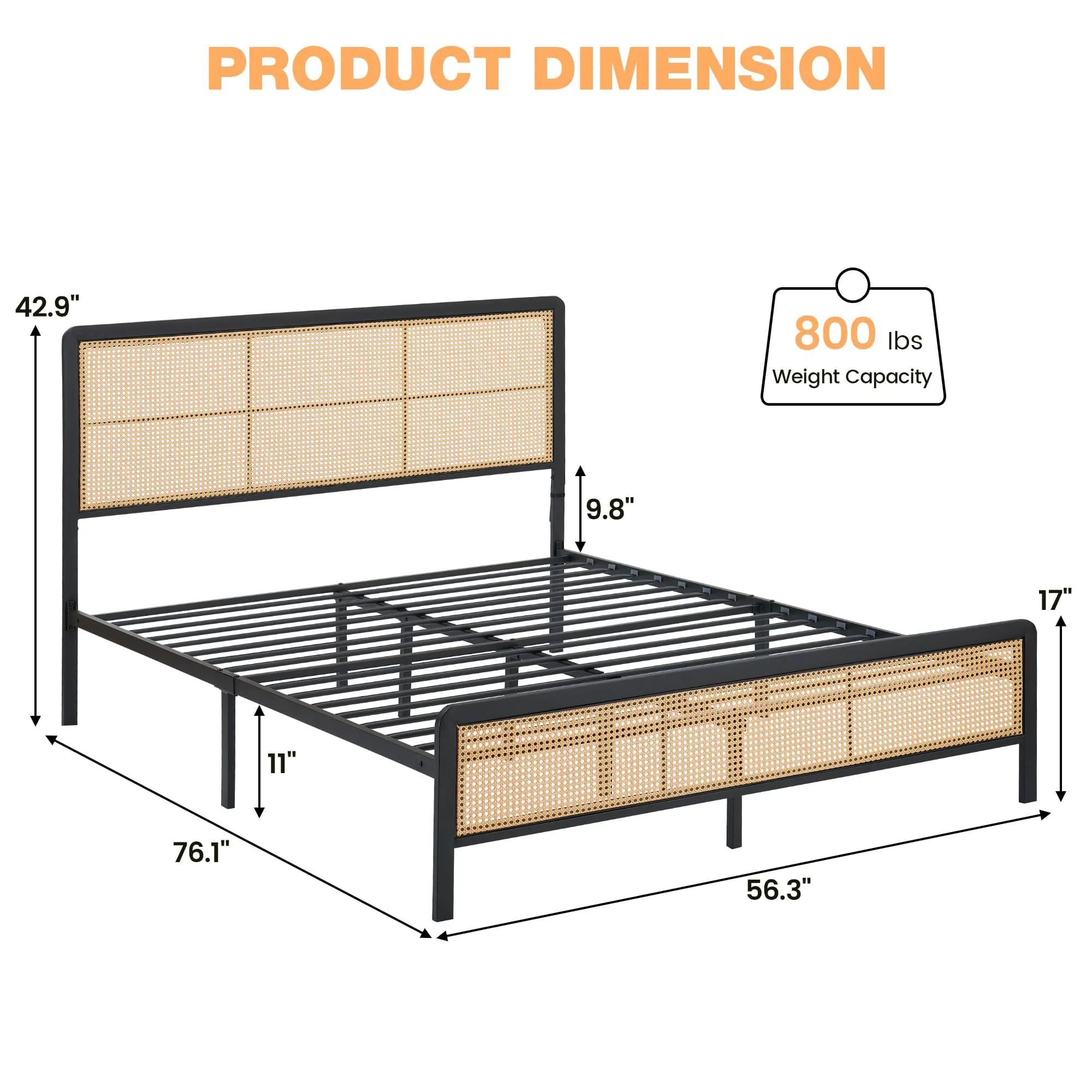 GARVEE Rattan Platform Bed Frame Full Size   Modern Style   LED Light   Heavy Duty Steel Slat   No Box Spring Needed   Boho Design   Easy Assembly