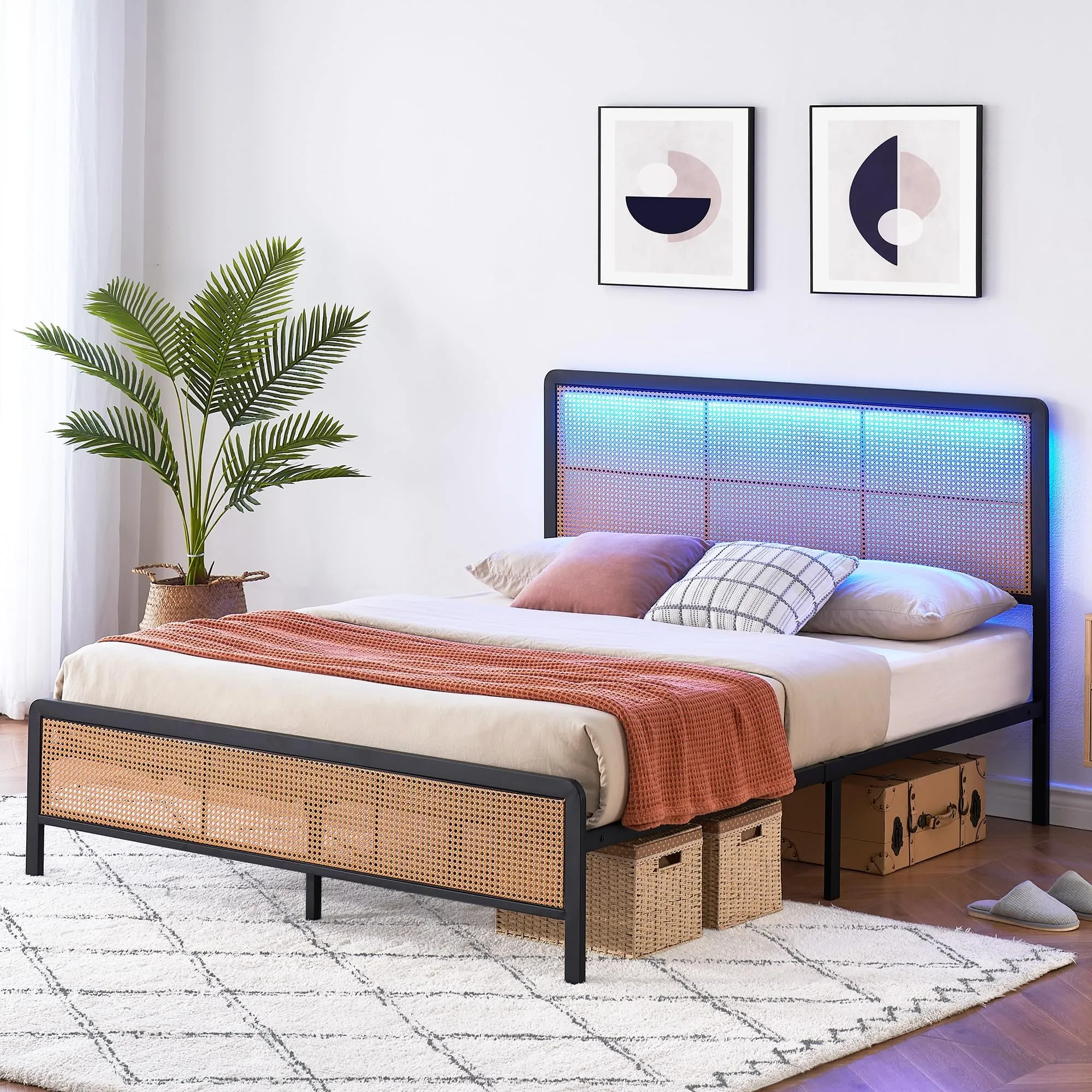 GARVEE Rattan Platform Bed Frame Full Size   Modern Style   LED Light   Heavy Duty Steel Slat   No Box Spring Needed   Boho Design   Easy Assembly