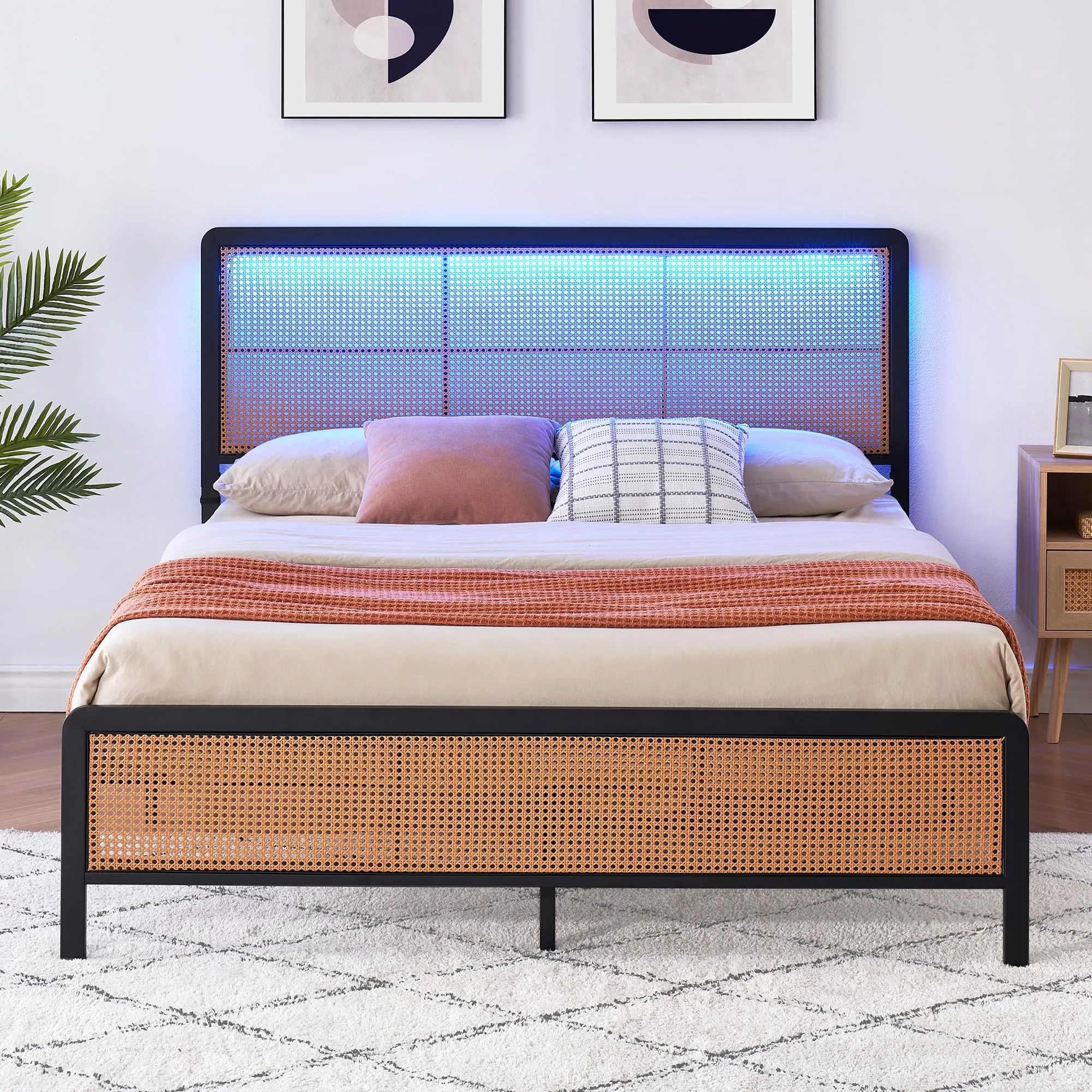 GARVEE Rattan Platform Bed Frame Full Size   Modern Style   LED Light   Heavy Duty Steel Slat   No Box Spring Needed   Boho Design   Easy Assembly