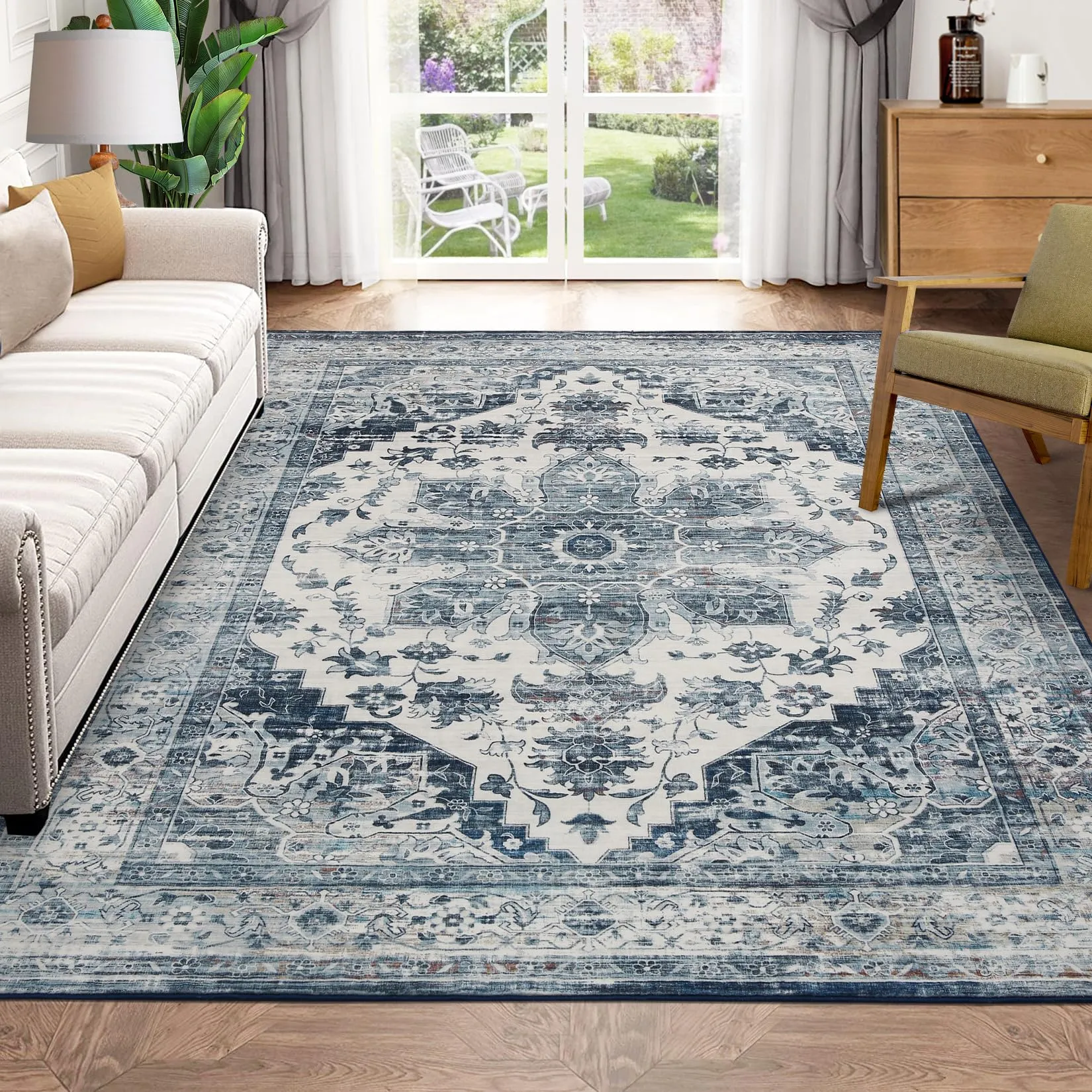 GARVEE Runner Rug 2 x 6 Vintage Hallway Runner Rug Washable Rug Laundry Room Rug Kitchen Runner Rug for Hallway Laundry Bedside Rug, Aesthetic Rug Non-Shedding Anti-Slip Rug, Blue