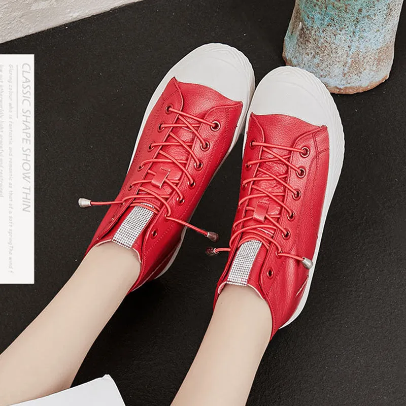 Genuine Leather High Top Platform Sneakers Women Girls Cowhide Sneakers Loafers White Flat Slip on Vulcanized Rubber Sole Shoes