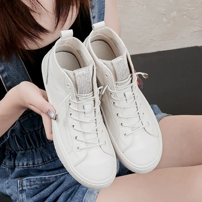 Genuine Leather High Top Platform Sneakers Women Girls Cowhide Sneakers Loafers White Flat Slip on Vulcanized Rubber Sole Shoes