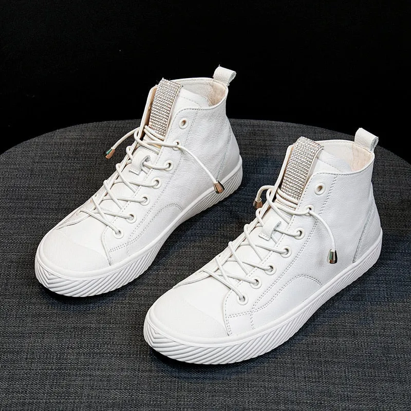 Genuine Leather High Top Platform Sneakers Women Girls Cowhide Sneakers Loafers White Flat Slip on Vulcanized Rubber Sole Shoes