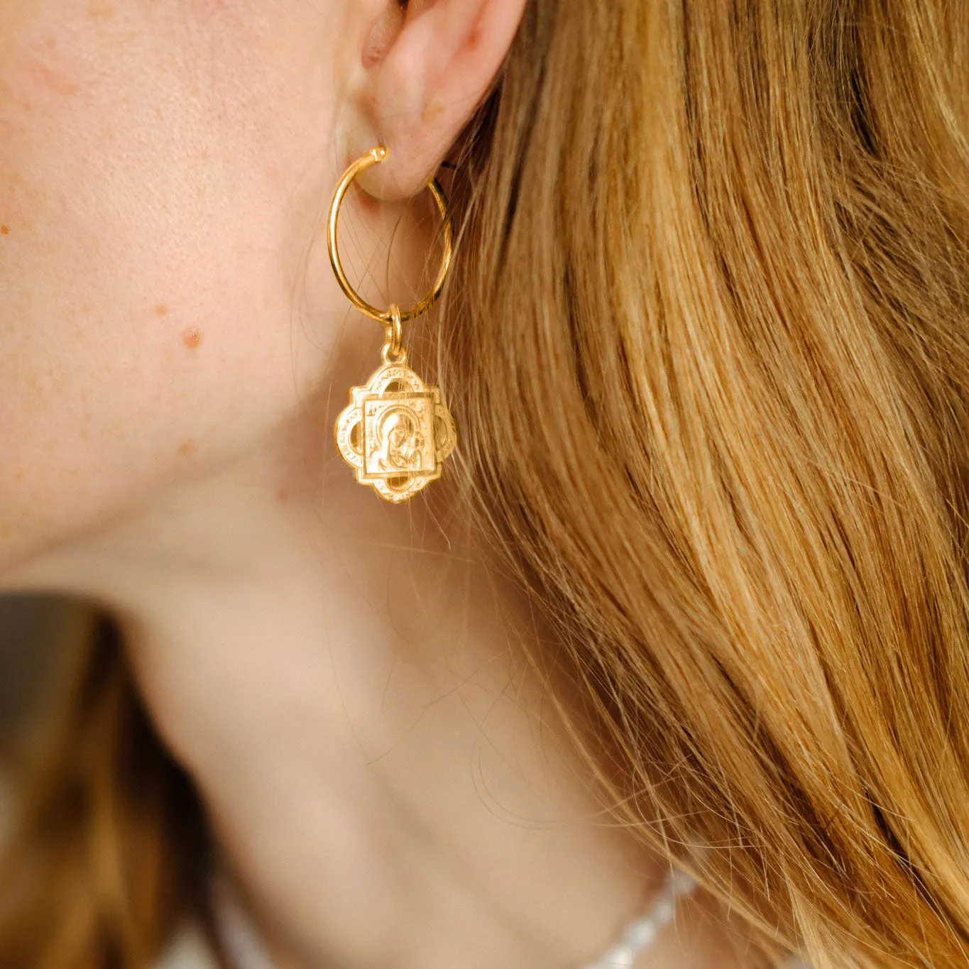 Hoop Earrings with Aphrodite and Madonna and Child Quatrefoil Pendant