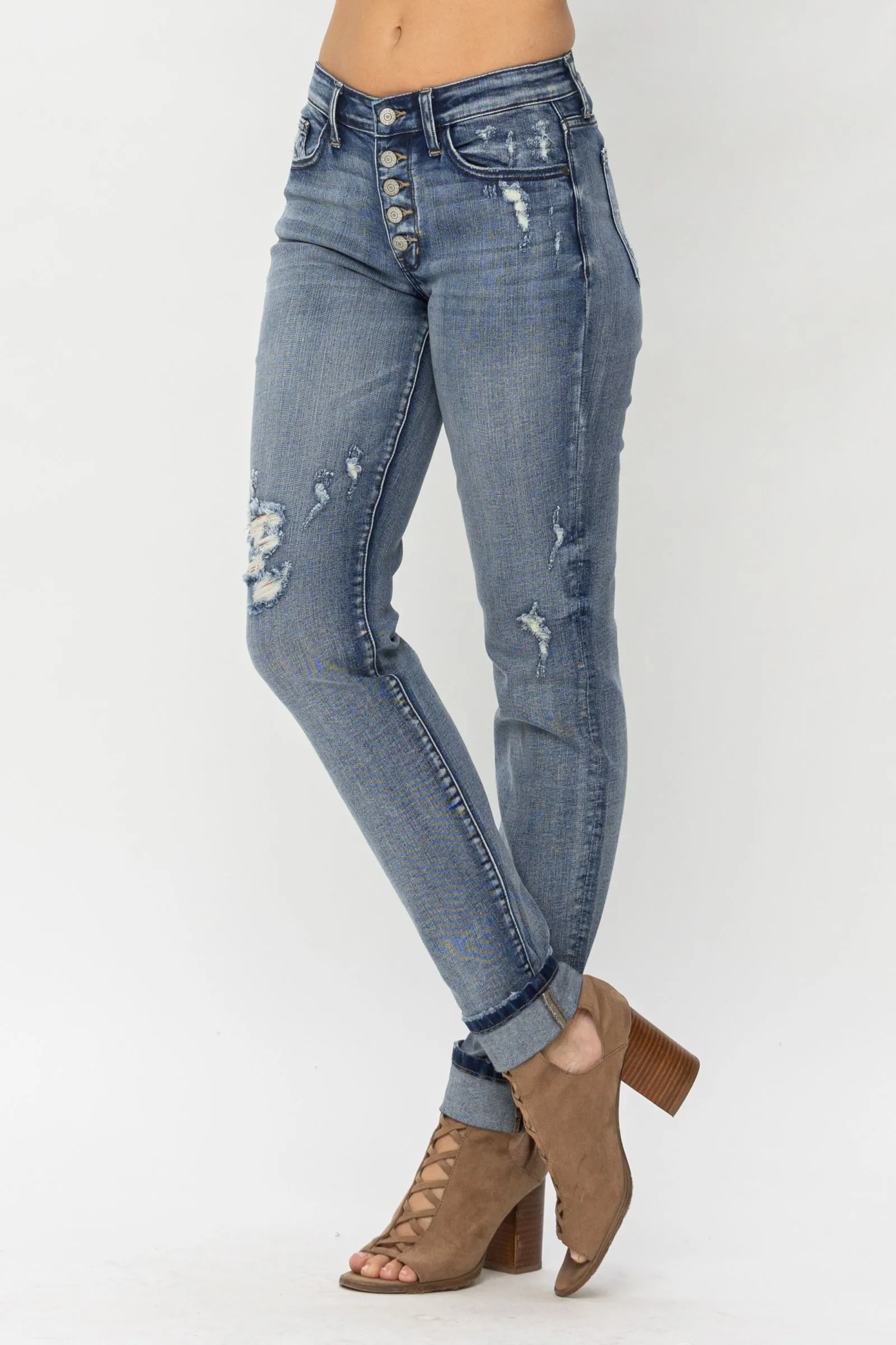 Judy Blue Plus Size Mid Rise Button Fly Contrast Wash Cuffed Boyfriend Jeans