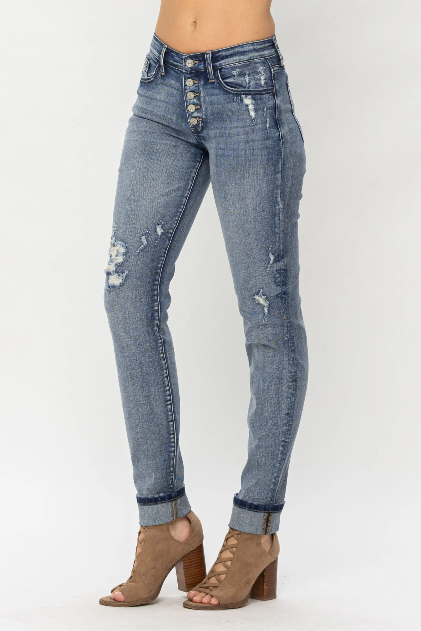 Judy Blue Plus Size Mid Rise Button Fly Contrast Wash Cuffed Boyfriend Jeans