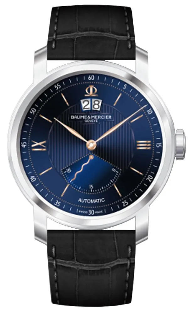 Limited Edition Baume & Mercier Classima Automatic Stainless Steel Blue Dial Black Leather Strap Retrograde Seconds Date Mens Watch M0A10188