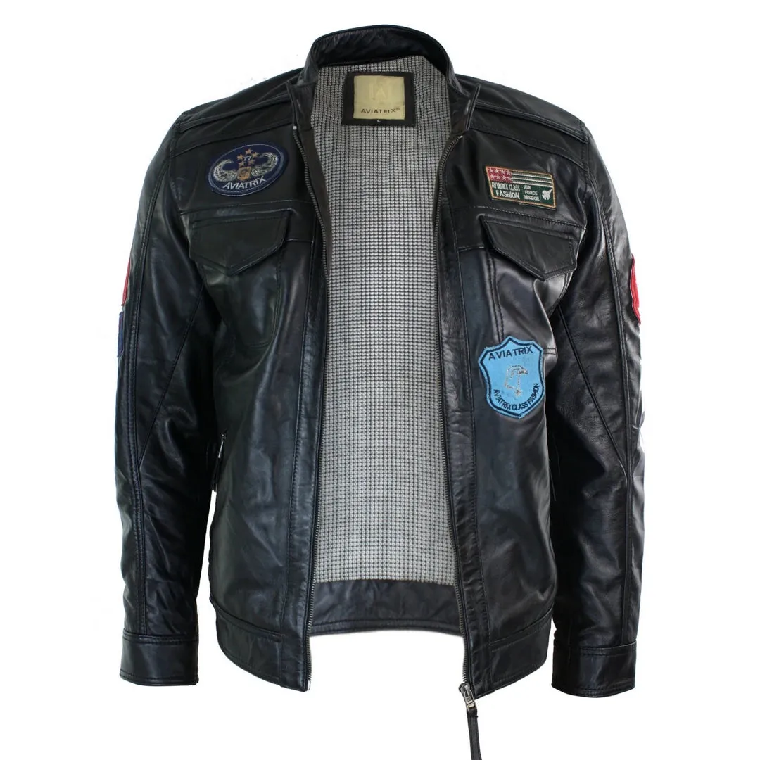 Men's Black Leather Zip Jacket Badge Racing US Pilot