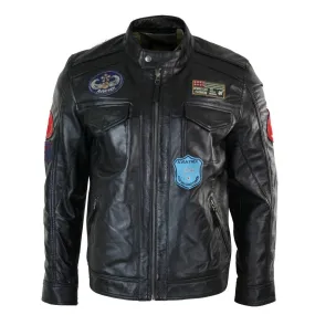 Men's Black Leather Zip Jacket Badge Racing US Pilot