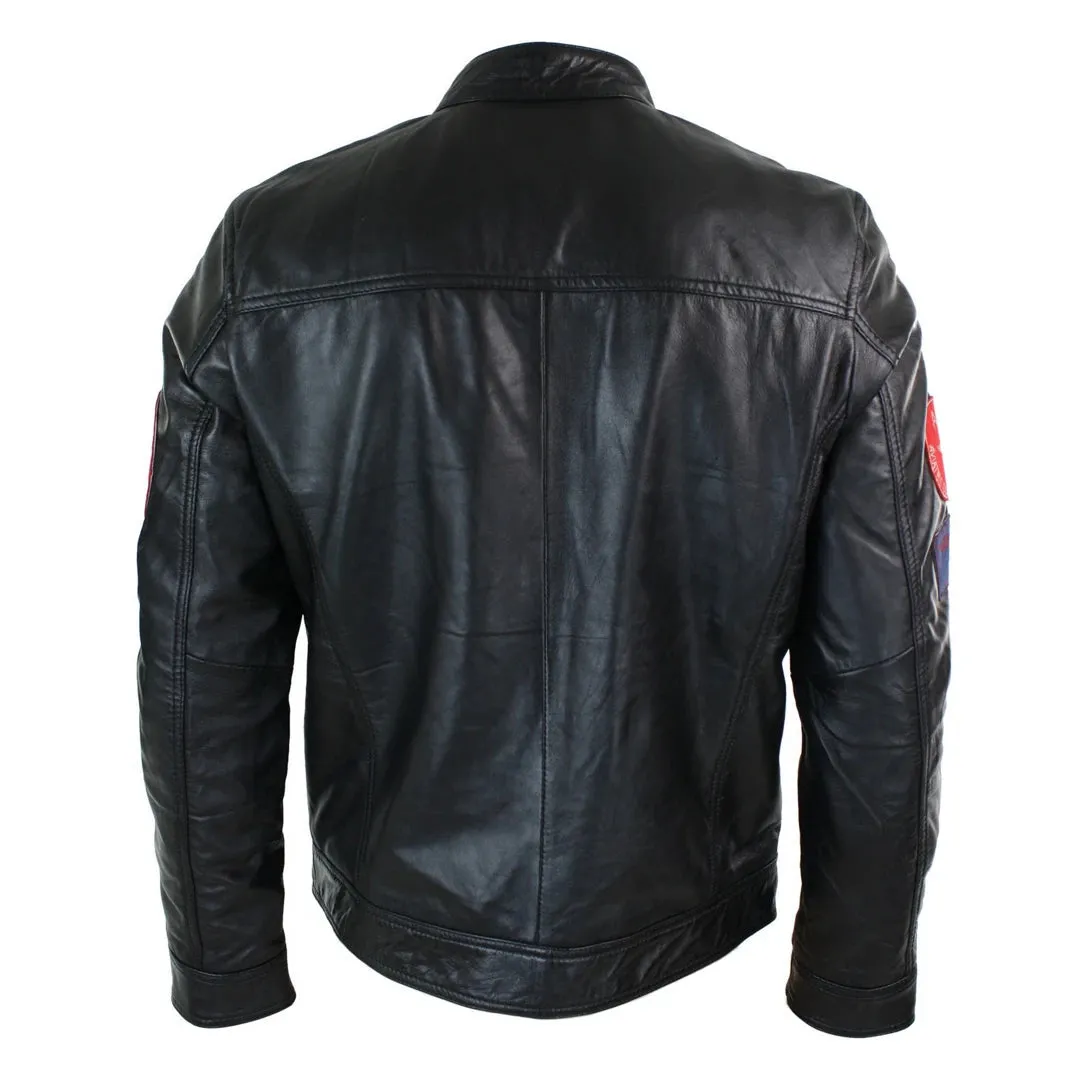 Men's Black Leather Zip Jacket Badge Racing US Pilot