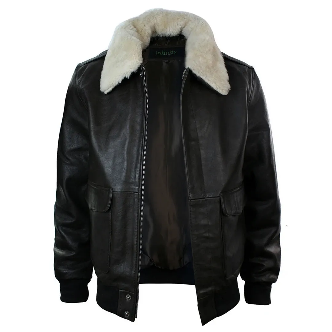 Men's Fur Collar Leather Bomber Pilot Flying Jacket Black Brown A2