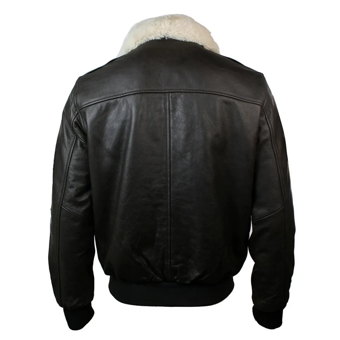 Men's Fur Collar Leather Bomber Pilot Flying Jacket Black Brown A2