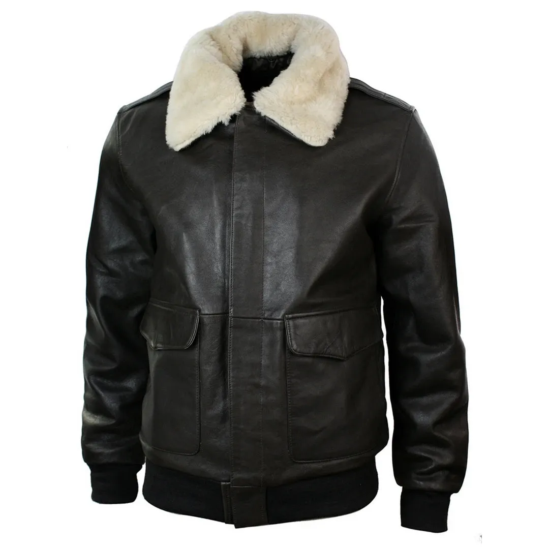 Men's Fur Collar Leather Bomber Pilot Flying Jacket Black Brown A2