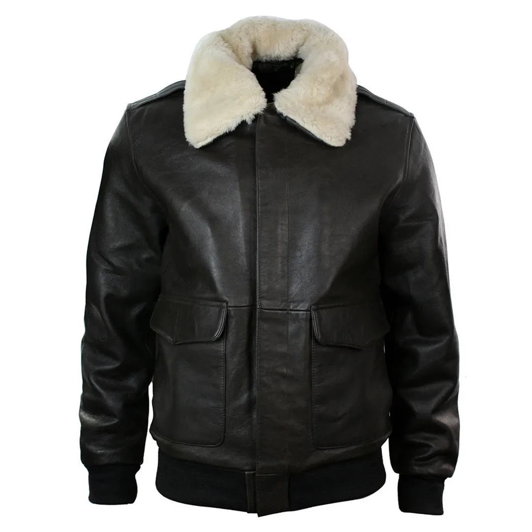 Men's Fur Collar Leather Bomber Pilot Flying Jacket Black Brown A2