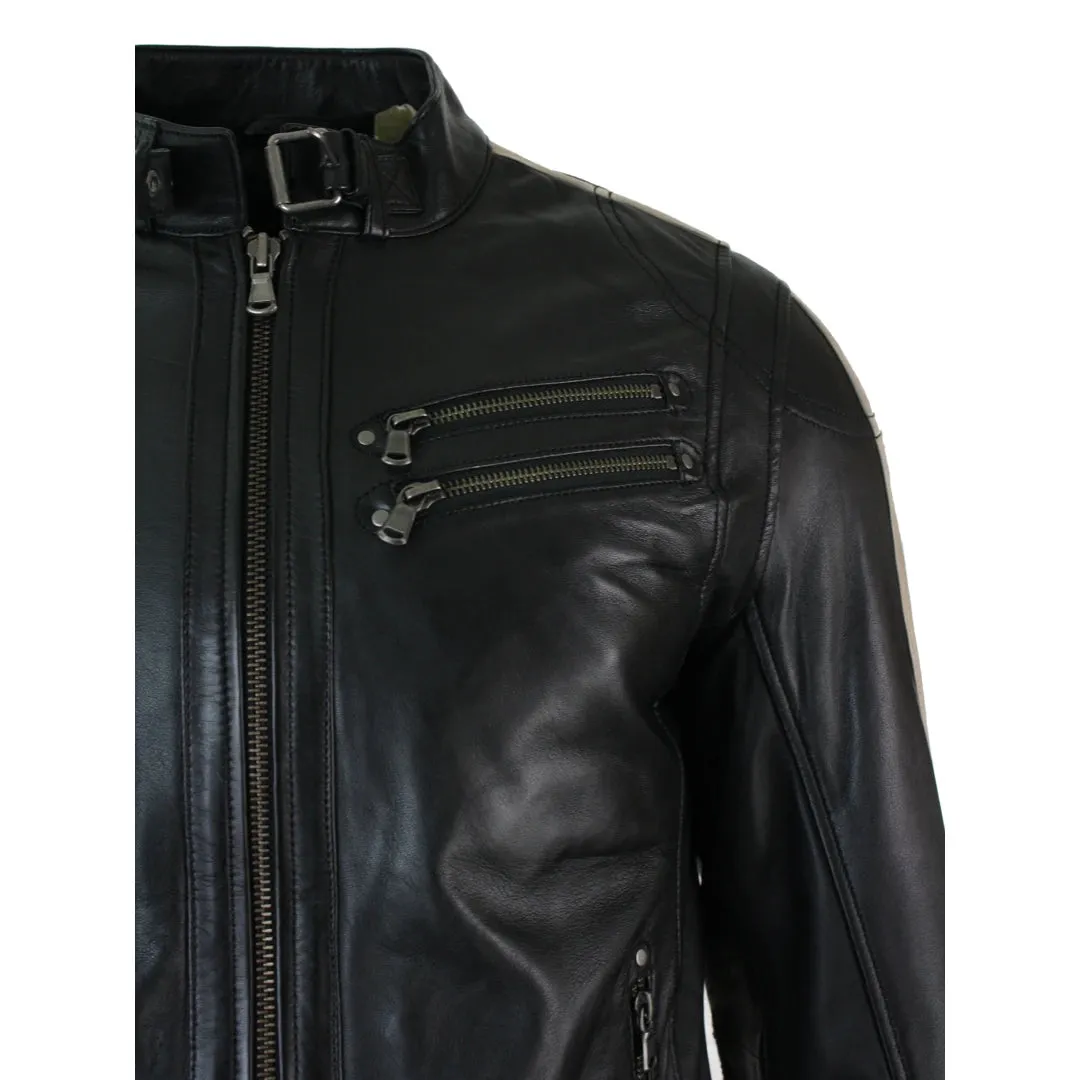 Men's Short Leather Biker Racing Jacket Stripes Sleeves Zipped