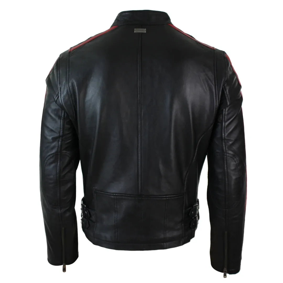 Men's Short Leather Biker Racing Jacket Stripes Sleeves Zipped