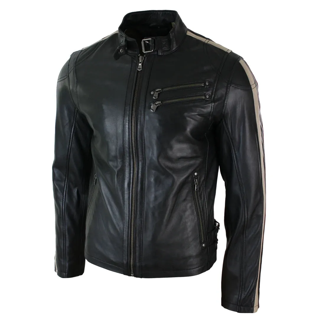 Men's Short Leather Biker Racing Jacket Stripes Sleeves Zipped