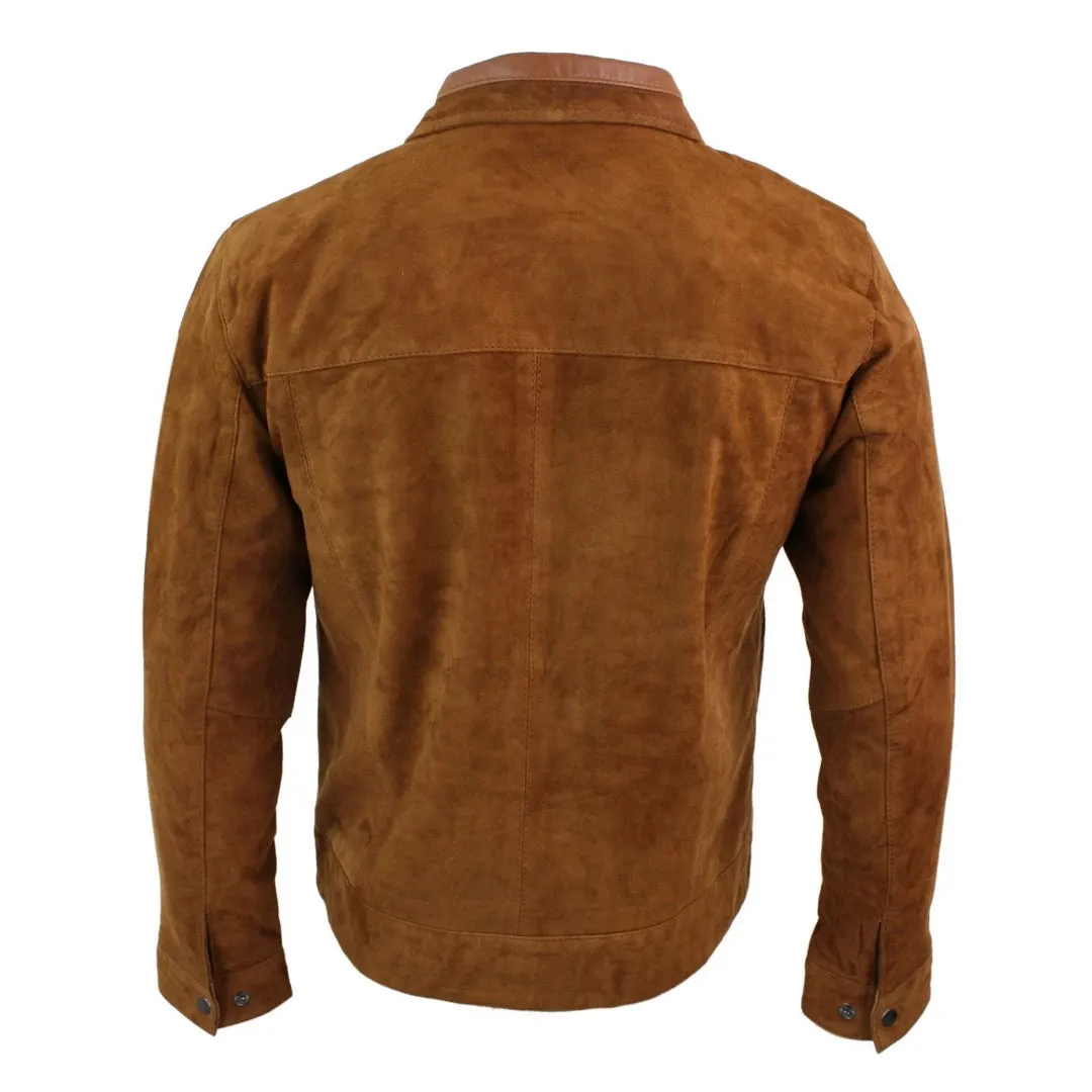 Men's Suede Leather Classic Zip Jacket Camel Turn Down Collar