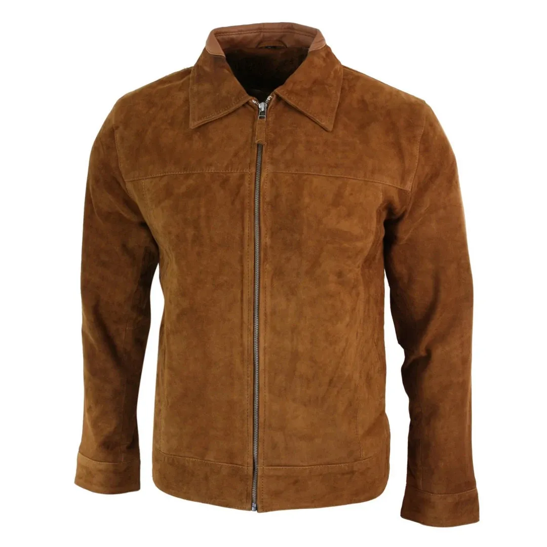 Men's Suede Leather Classic Zip Jacket Camel Turn Down Collar