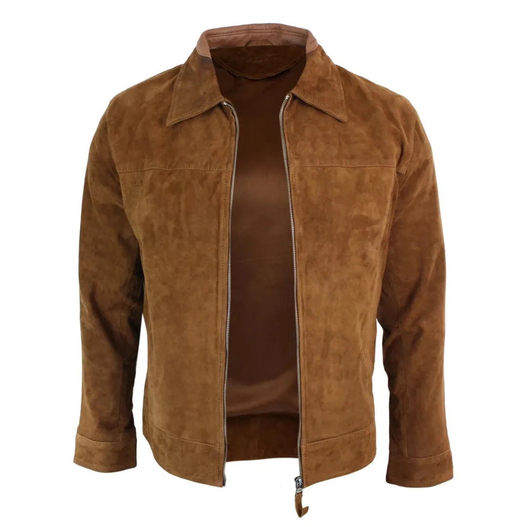 Men's Suede Leather Classic Zip Jacket Camel Turn Down Collar