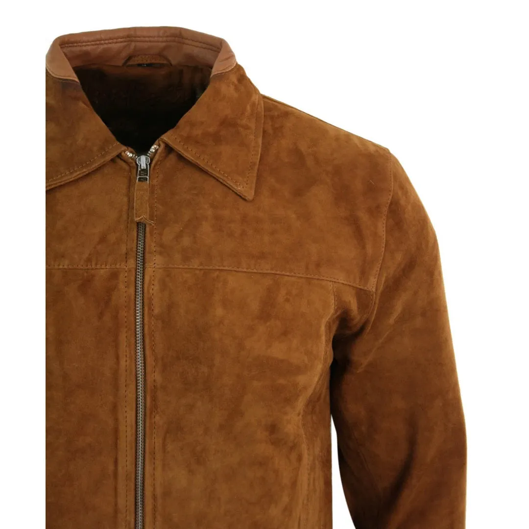 Men's Suede Leather Classic Zip Jacket Camel Turn Down Collar