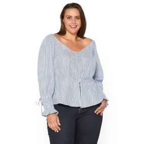 Plus Size Smocked Sleeve Wrap Blouse in Blue