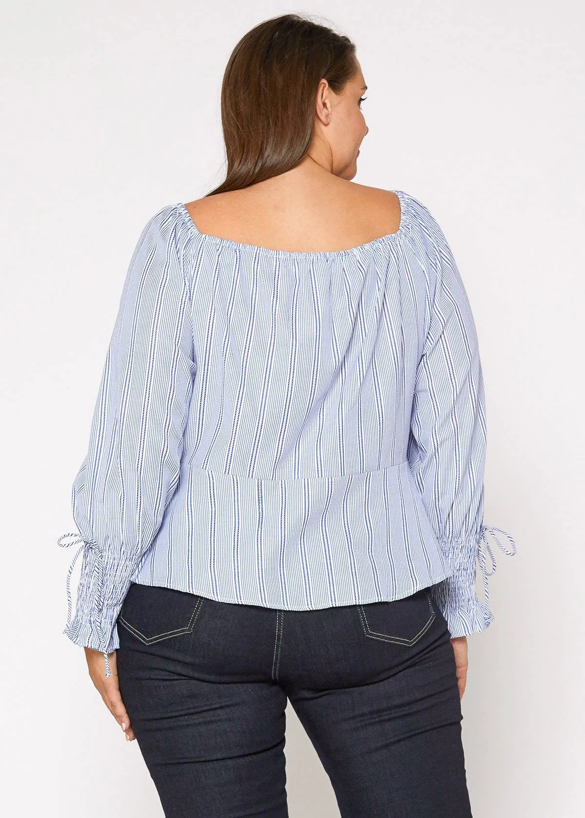 Plus Size Smocked Sleeve Wrap Blouse in Blue