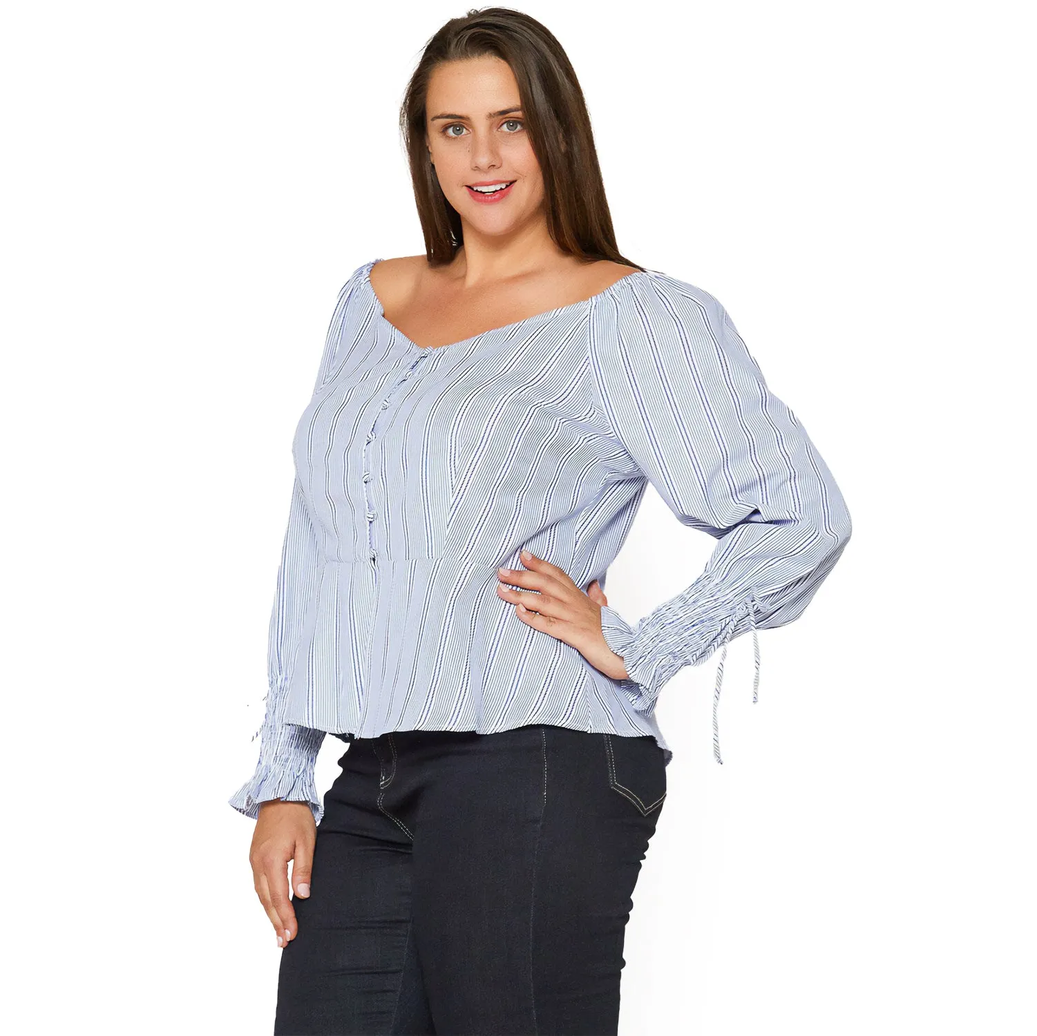 Plus Size Smocked Sleeve Wrap Blouse in Blue