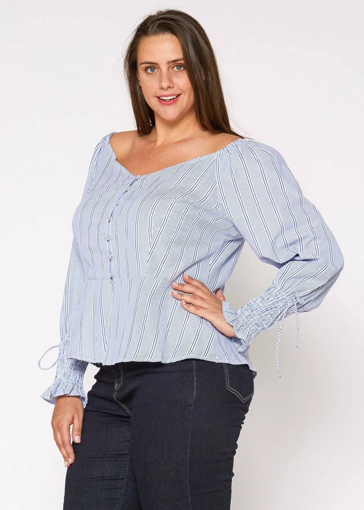 Plus Size Smocked Sleeve Wrap Blouse in Blue