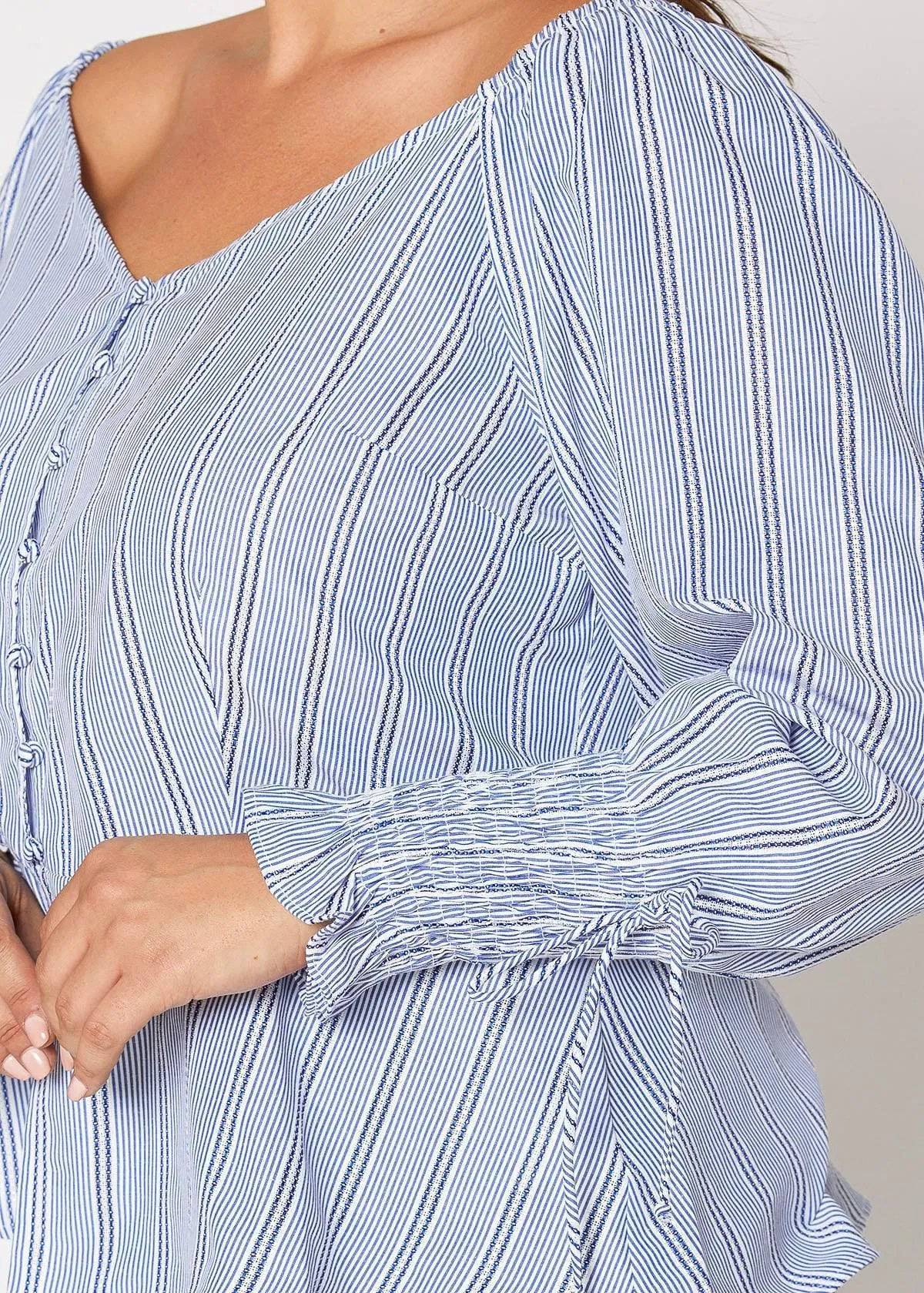 Plus Size Smocked Sleeve Wrap Blouse in Blue