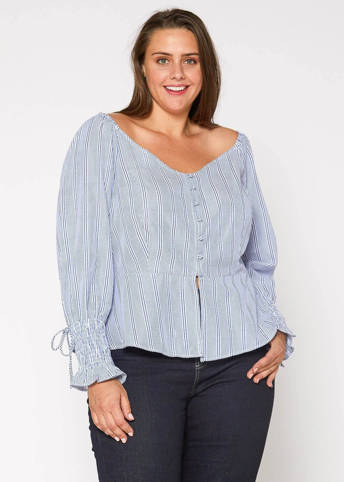 Plus Size Smocked Sleeve Wrap Blouse in Blue