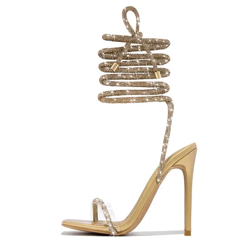 Sexy Gold Crystal Ankle Cross Strap Summer Party High Heel