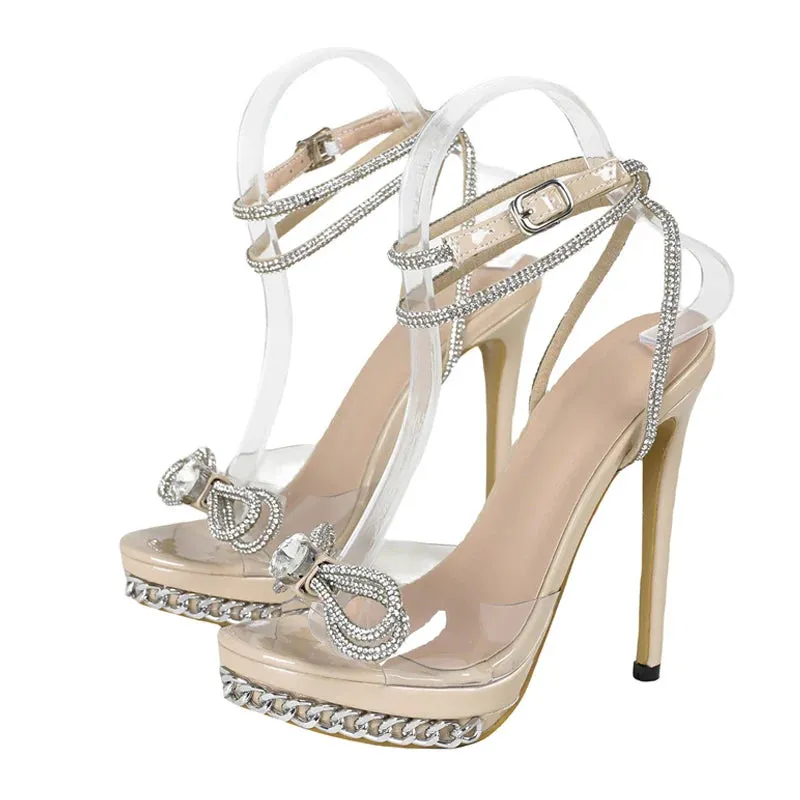 Summer Fashion Crystal Bowknot Transparent Designer High Heel