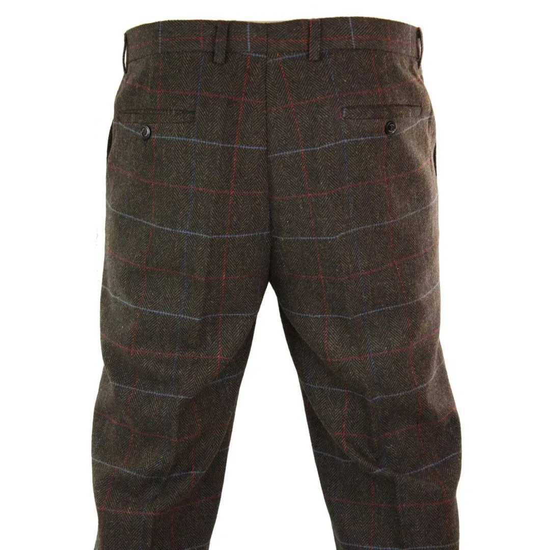 Tommy - Men's Herringbone Tweed Check Brown Trousers