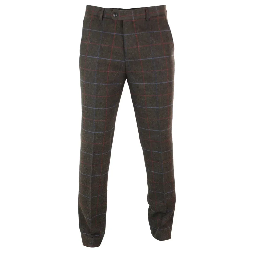 Tommy - Men's Herringbone Tweed Check Brown Trousers