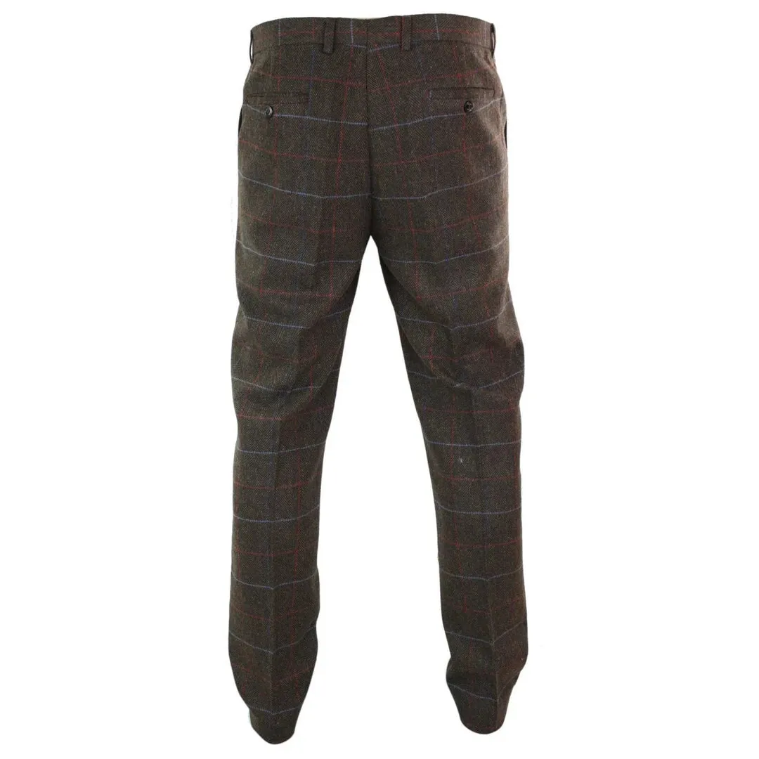 Tommy - Men's Herringbone Tweed Check Brown Trousers