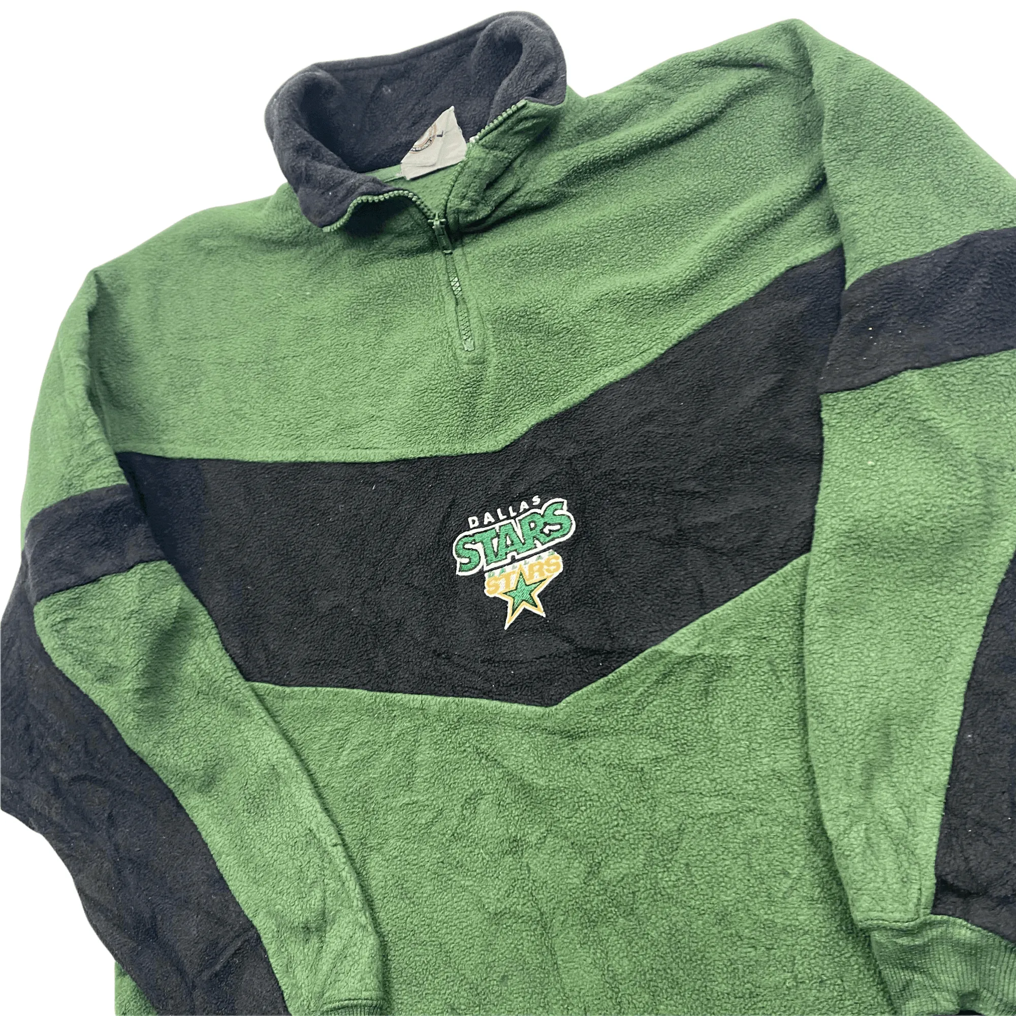 Vintage 90s Green   Black Dallas Stars NHL Spell-Out Quarter Zip Fleece - Large