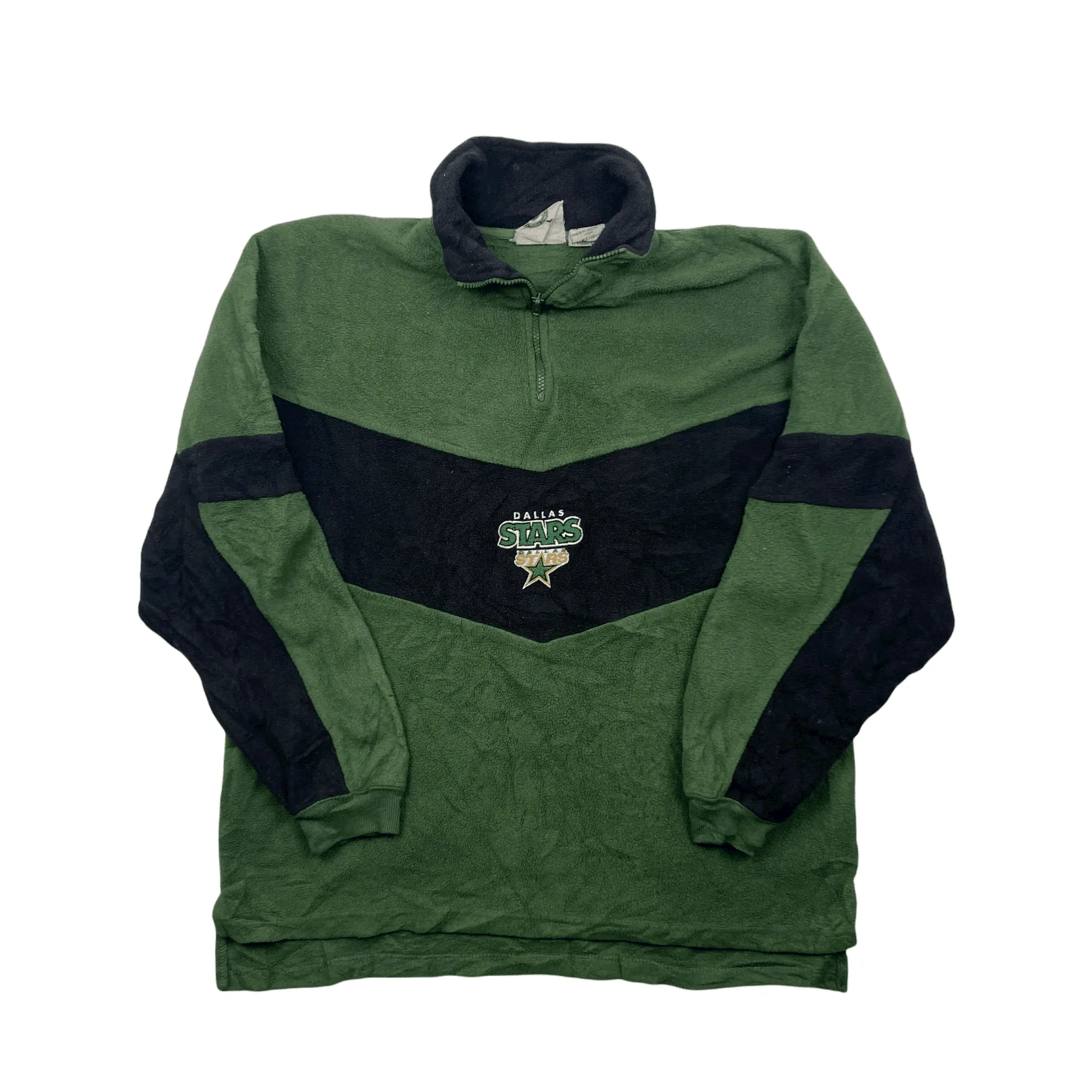 Vintage 90s Green   Black Dallas Stars NHL Spell-Out Quarter Zip Fleece - Large