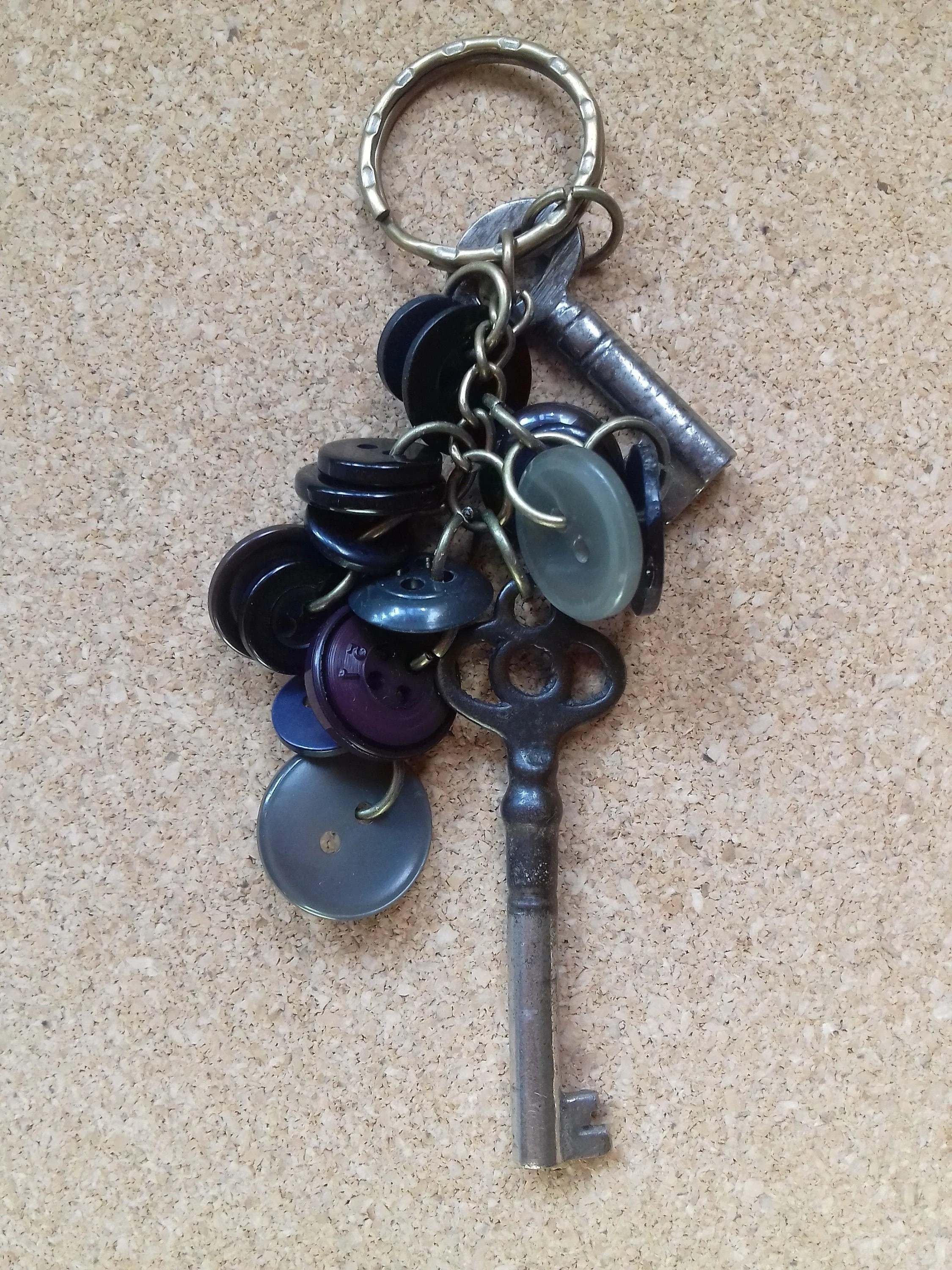 Vintage Keys Bagcharm Black Purple Green Buttons